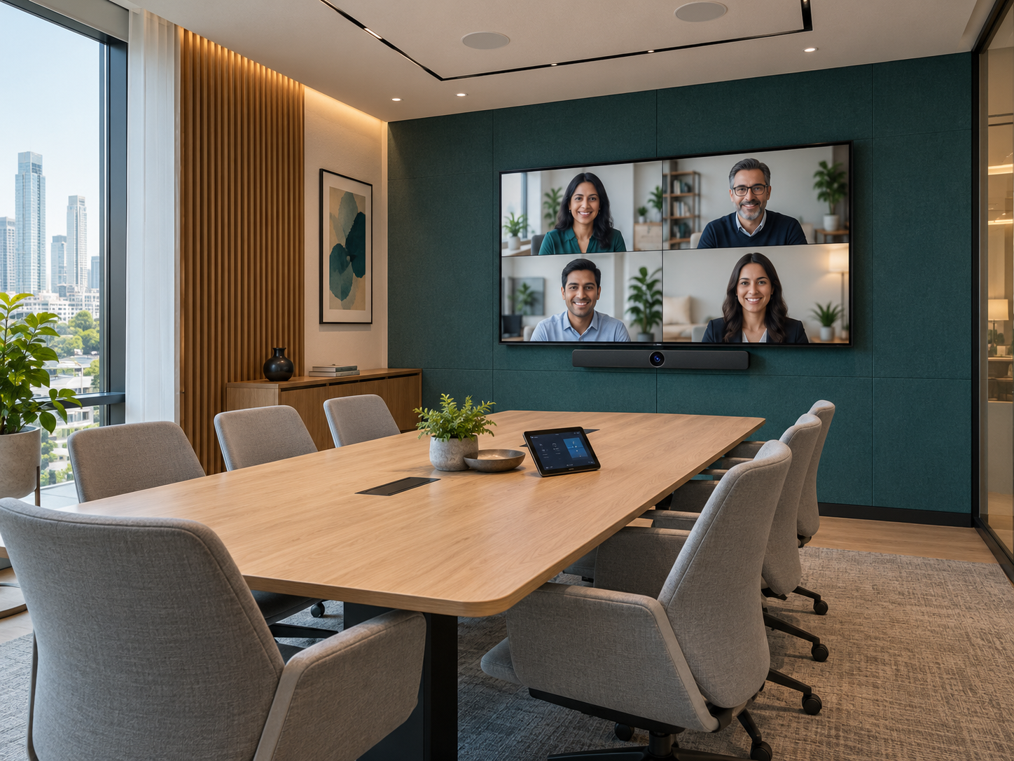 AI concept of an eight-person meeting room with a four-person video call, video bar and table controller